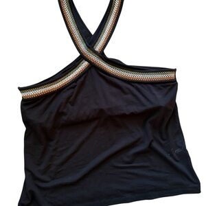 1. State Black Halter Top with brown tone accents.